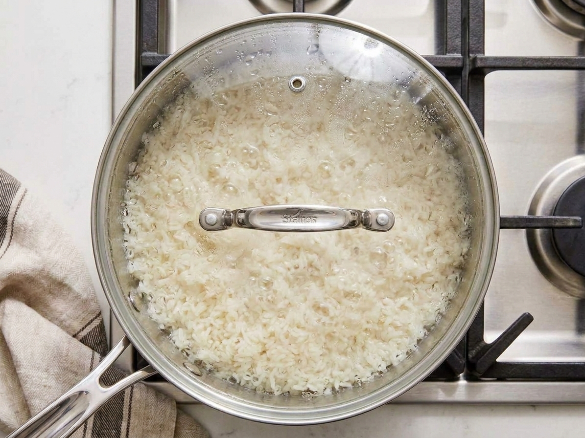 Jasmine rice simmering in a covered saucepan on a stovetop, with condensation visible on the lid