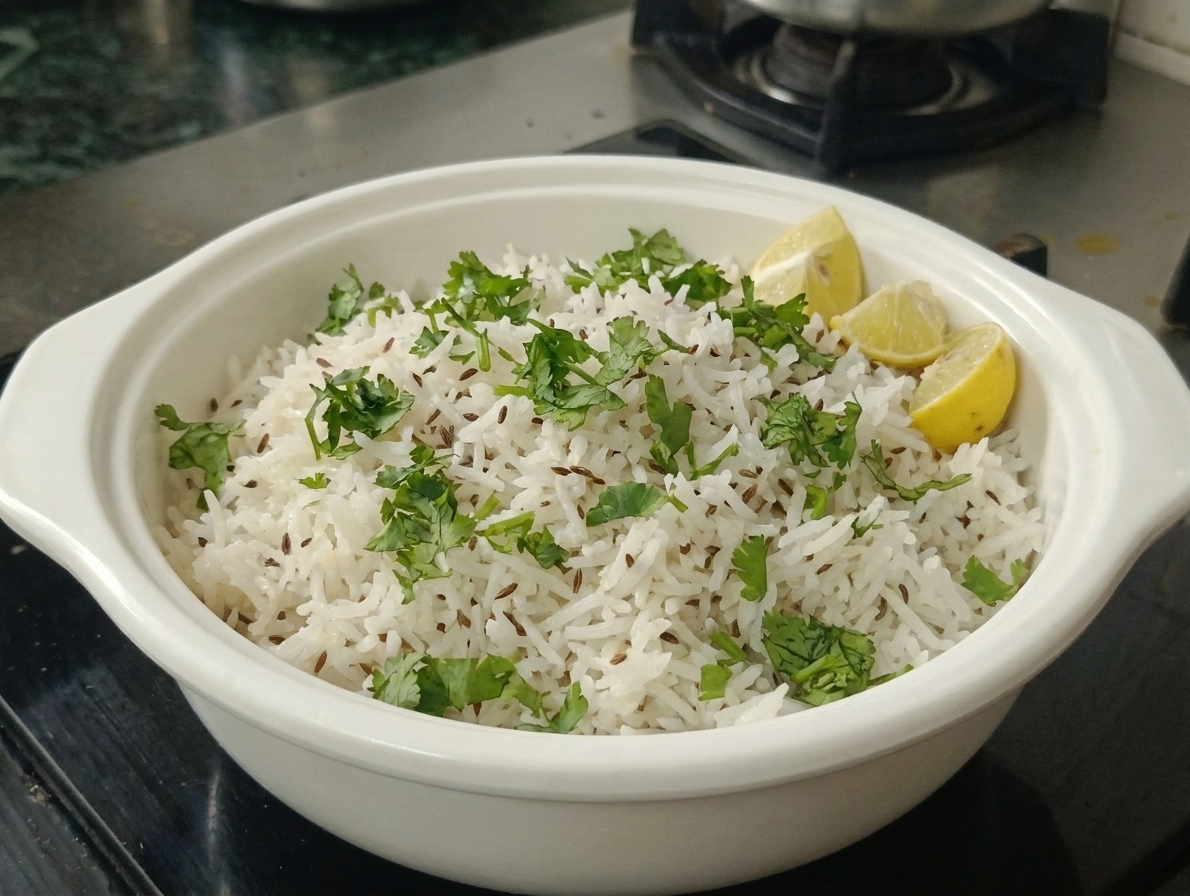 Jeera rice served with cilantro and lemon wedges