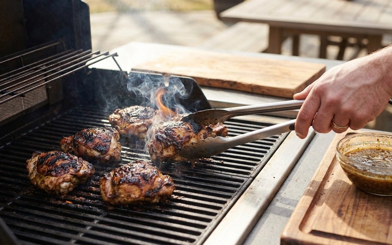 Jerk chicken thighs sizzling on grill grates with char marks and a small flare of smoke
