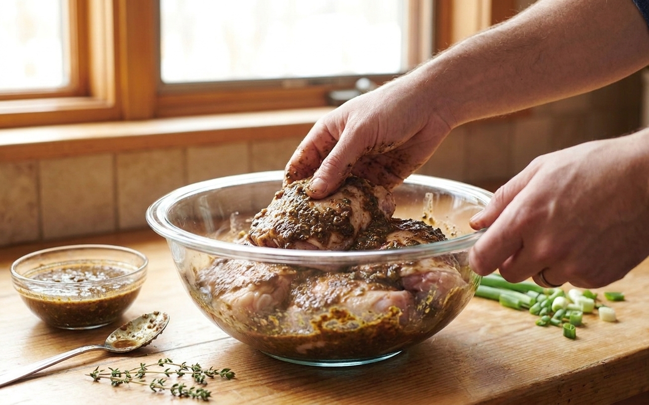Jerk marinade being rubbed over chicken thighs in a glass bowl on a kitchen counter