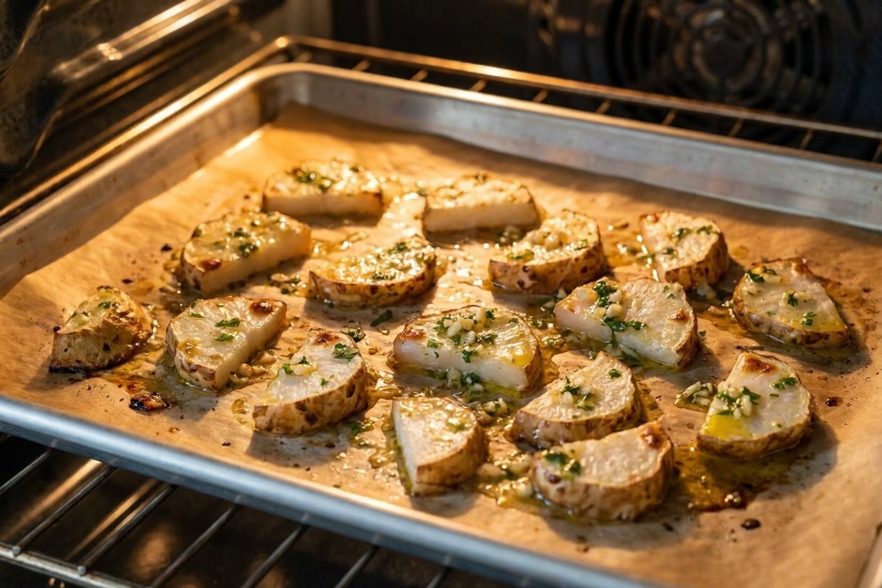 Jerusalem artichoke slices roasting on a parchment-lined baking sheet, edges browning in a hot oven