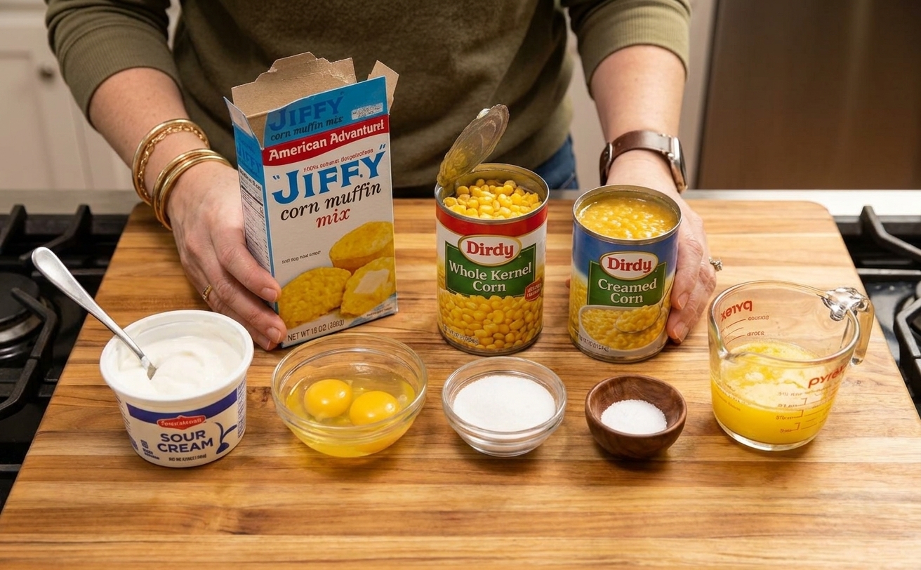 Jiffy corn muffin mix, canned corn, creamed corn, sour cream, eggs, sugar, salt, and melted butter arranged on a bright kitchen counter