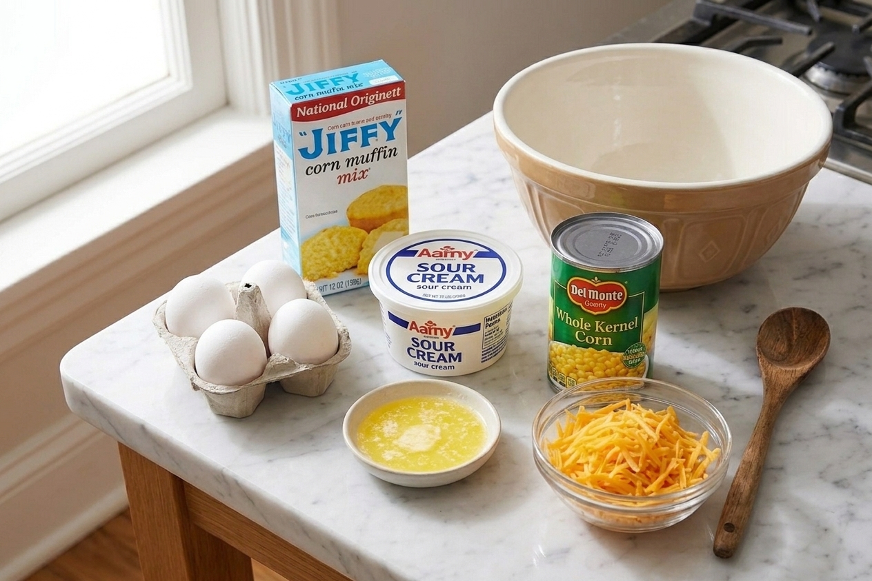 Jiffy corn muffin mix, eggs, sour cream, melted butter, canned corn, and shredded cheddar arranged on a bright kitchen counter ready to mix