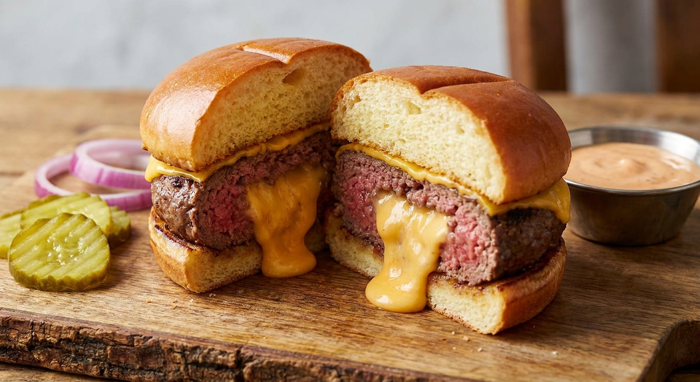Juicy Lucy burger cut in half, showing melted cheese in the center with a toasted bun and pickles on the side