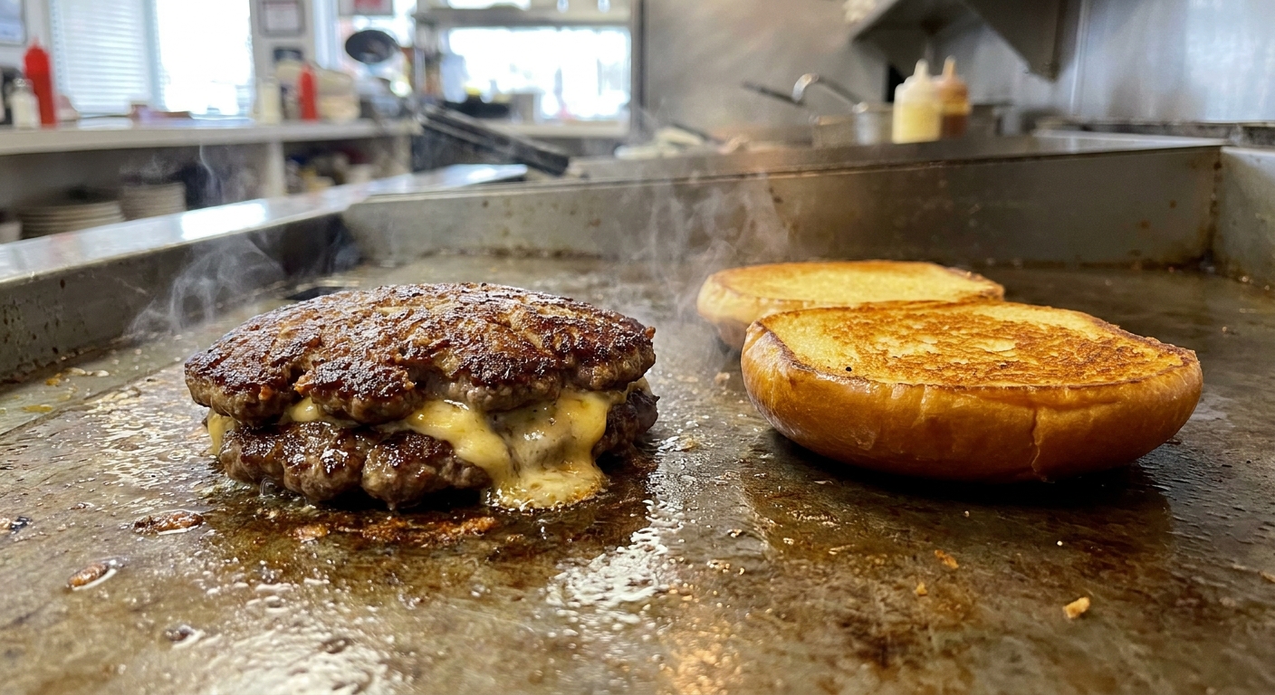 Juicy Lucy stuffed cheeseburger on a flat-top griddle with browned edges and a toasted bun nearby