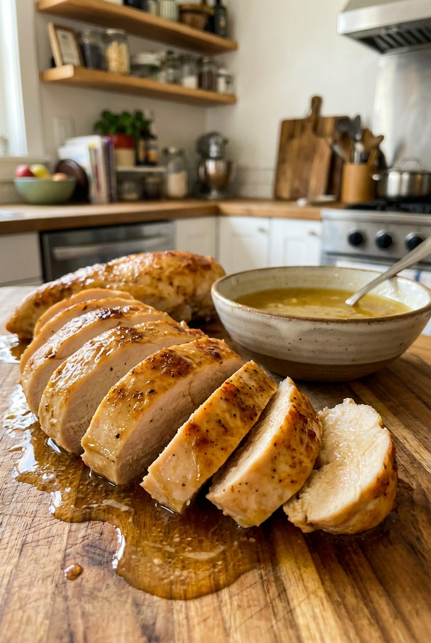 Juicy baked chicken breast sliced on a cutting board with visible juices and a small bowl of lemon pan sauce