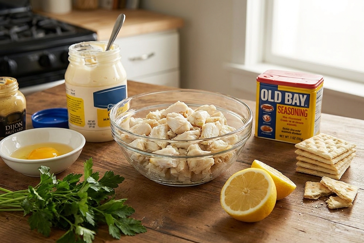 Jumbo lump crab meat, mayonnaise, egg, Dijon mustard, Old Bay seasoning, crackers, lemon, and parsley arranged on a kitchen counter