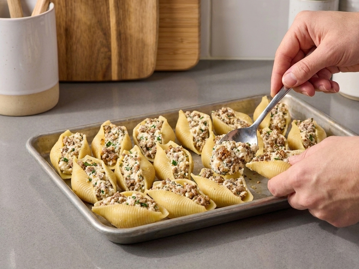 Jumbo pasta shells being filled with a ricotta and meat mixture on a baking sheet