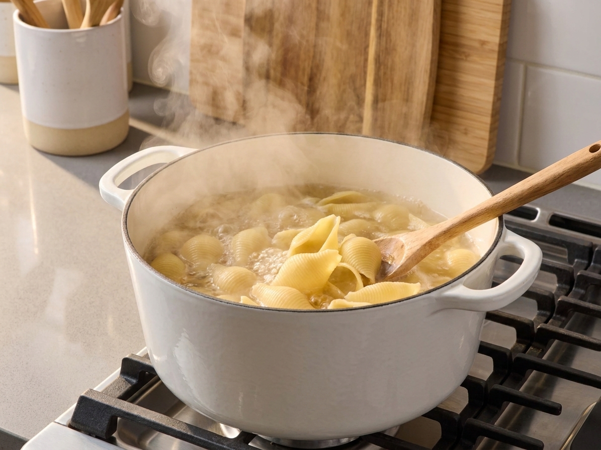 Jumbo pasta shells boiling in a large pot of water on a stove with steam rising
