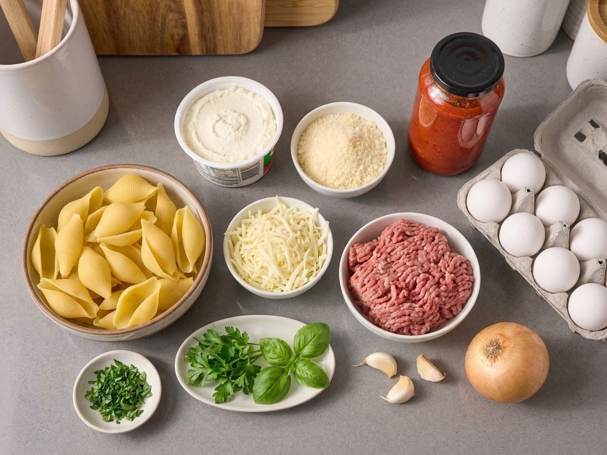 Jumbo pasta shells, ricotta, mozzarella, Parmesan, eggs, marinara, ground beef, Italian sausage, garlic, and herbs arranged on a kitchen counter for stuffed shells