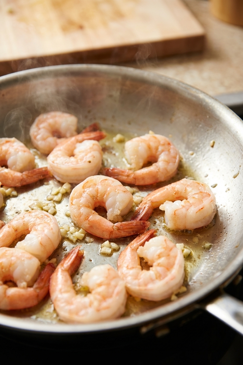 Jumbo shrimp sizzling in a stainless steel skillet with minced garlic and a light sheen of oil, captured mid-cook with steam rising, close-up food photography