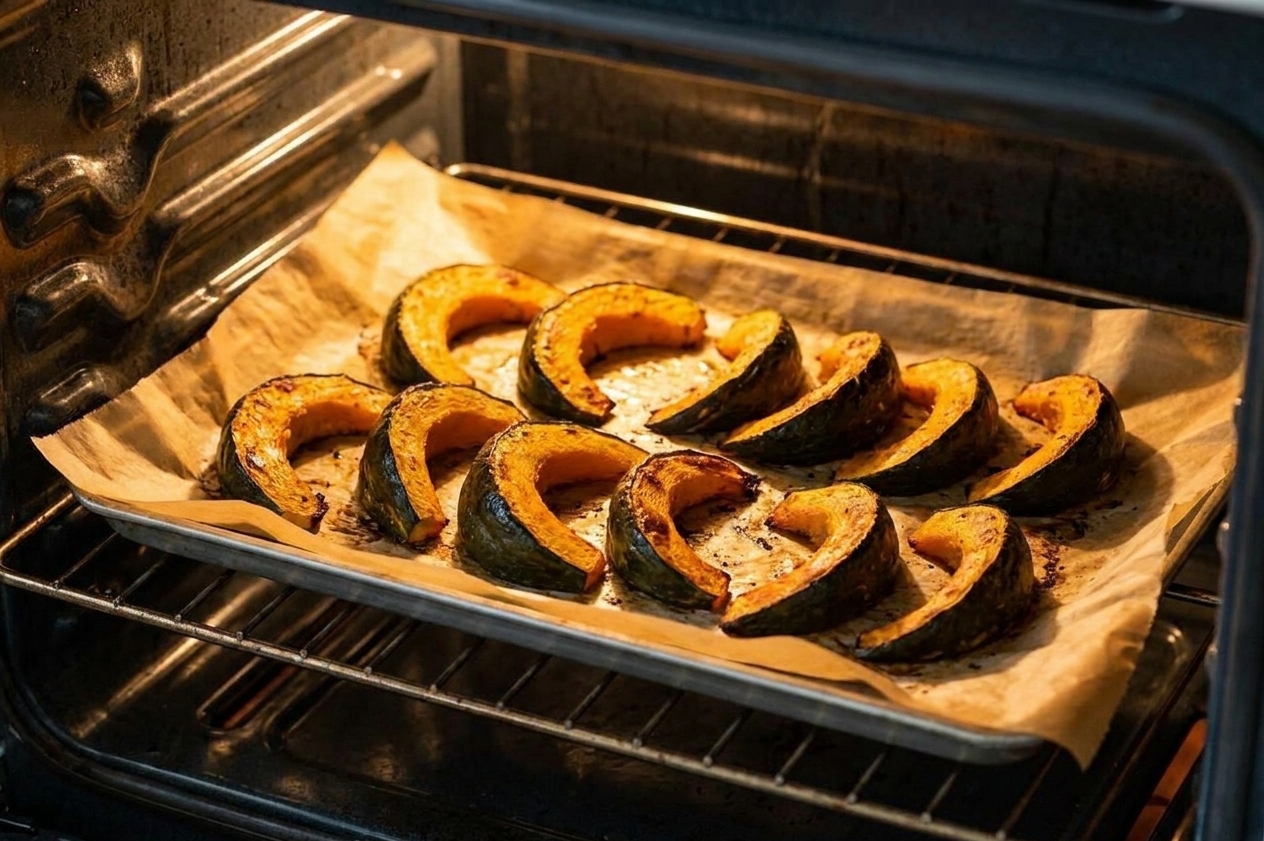Kabocha squash wedges roasting on a parchment-lined sheet pan in a home oven, edges caramelizing