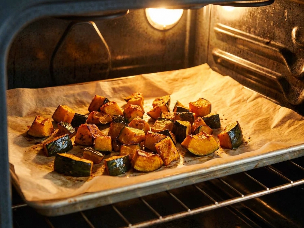 Kabocha squash wedges roasting on a parchment-lined sheet pan in an oven, edges starting to brown in warm kitchen lighting