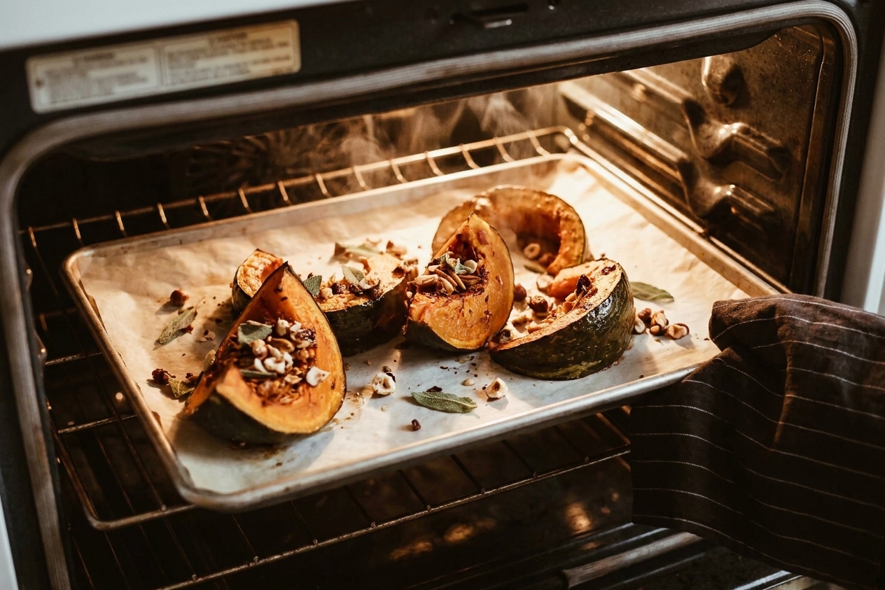 Kabocha squash wedges roasting on a parchment-lined sheet pan inside an oven, edges beginning to brown