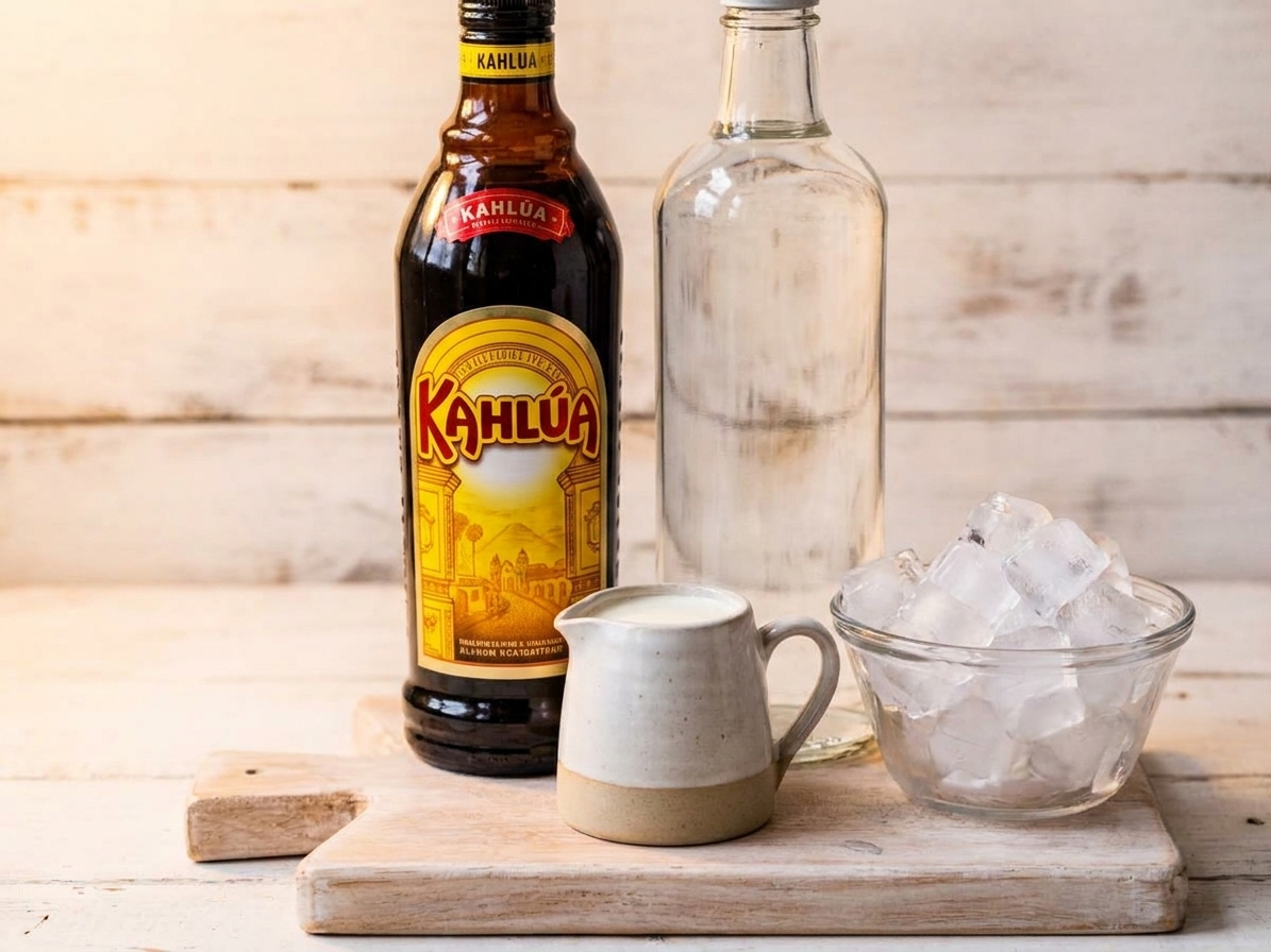 Kahlua bottle, vodka, a small pitcher of cream, and a bowl of ice arranged on a clean kitchen counter with warm lighting