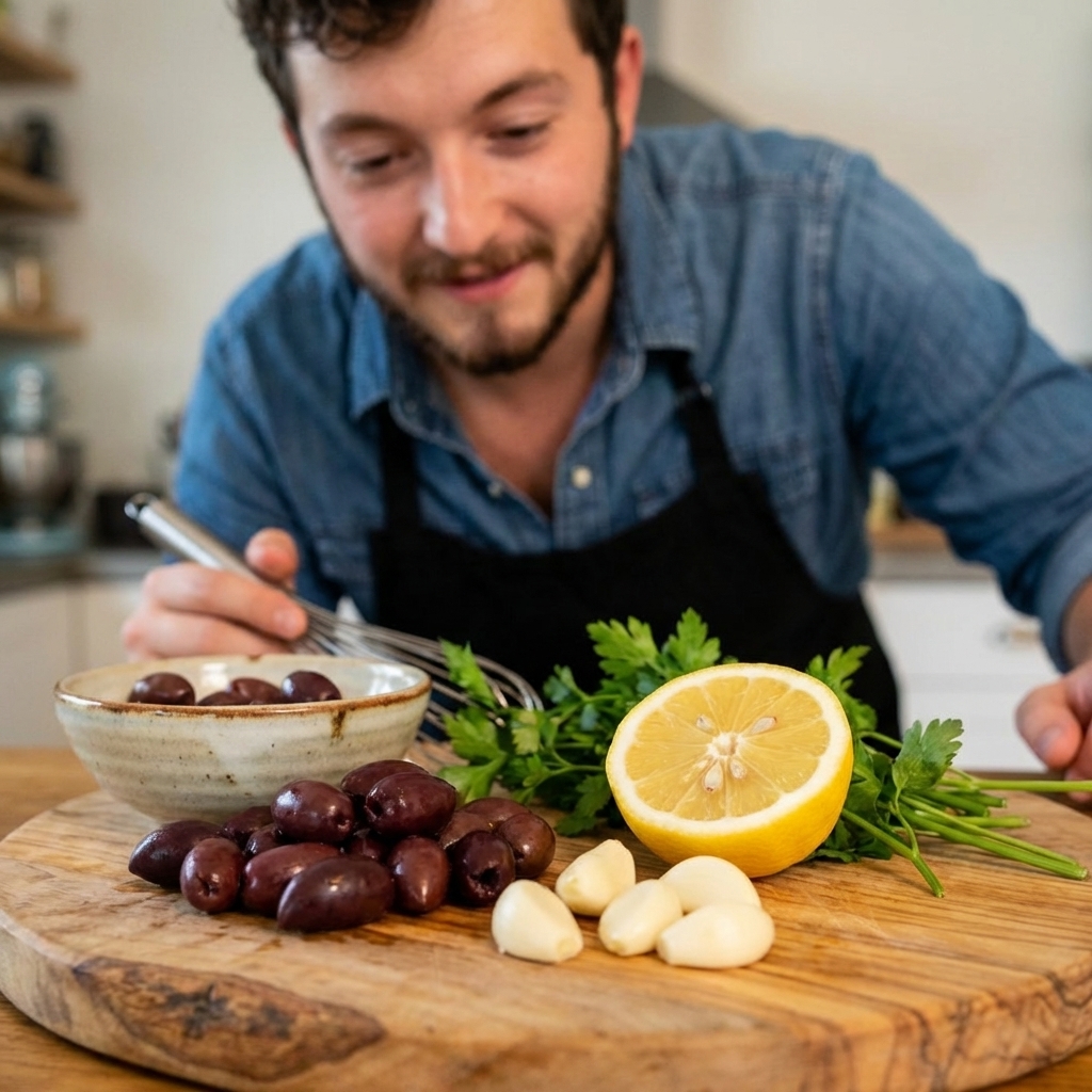 Kalamata olives, peeled garlic cloves, a lemon half, and fresh parsley arranged on a cutting board next to a small bowl, close-up food photo