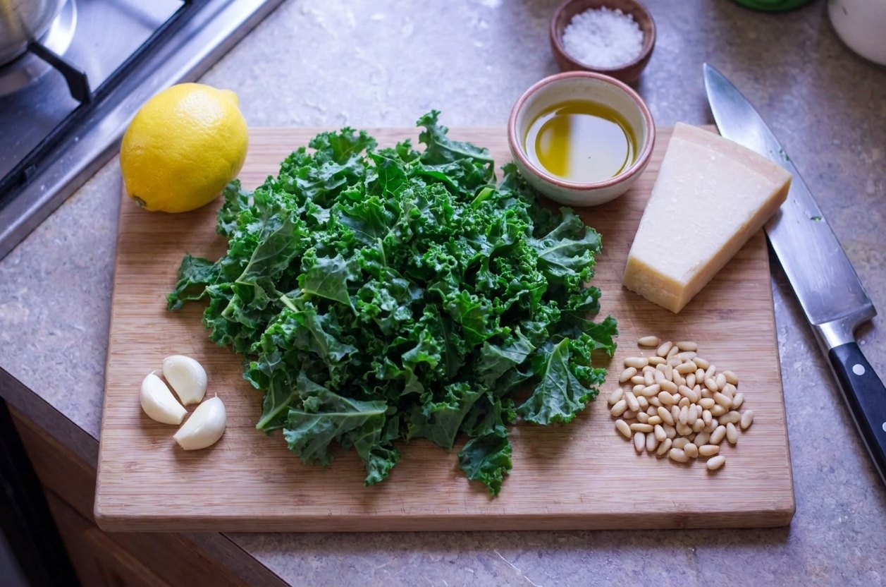 Kale leaves, a lemon, garlic cloves, Parmesan cheese, pine nuts, olive oil, and salt arranged on a clean cutting board on a home kitchen counter