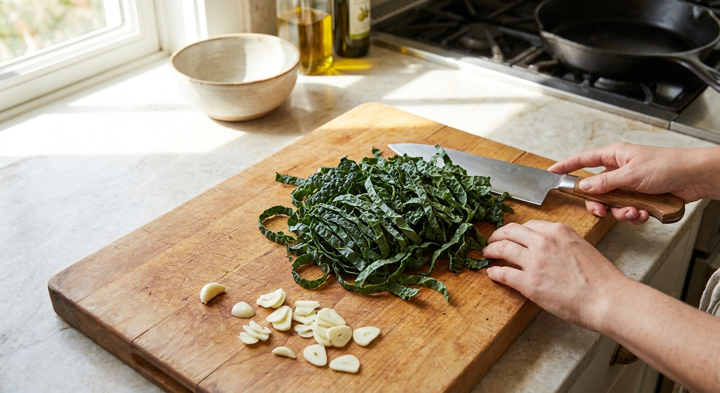 Kale ribbons and sliced garlic on a wooden cutting board with a chef’s knife on a bright kitchen counter