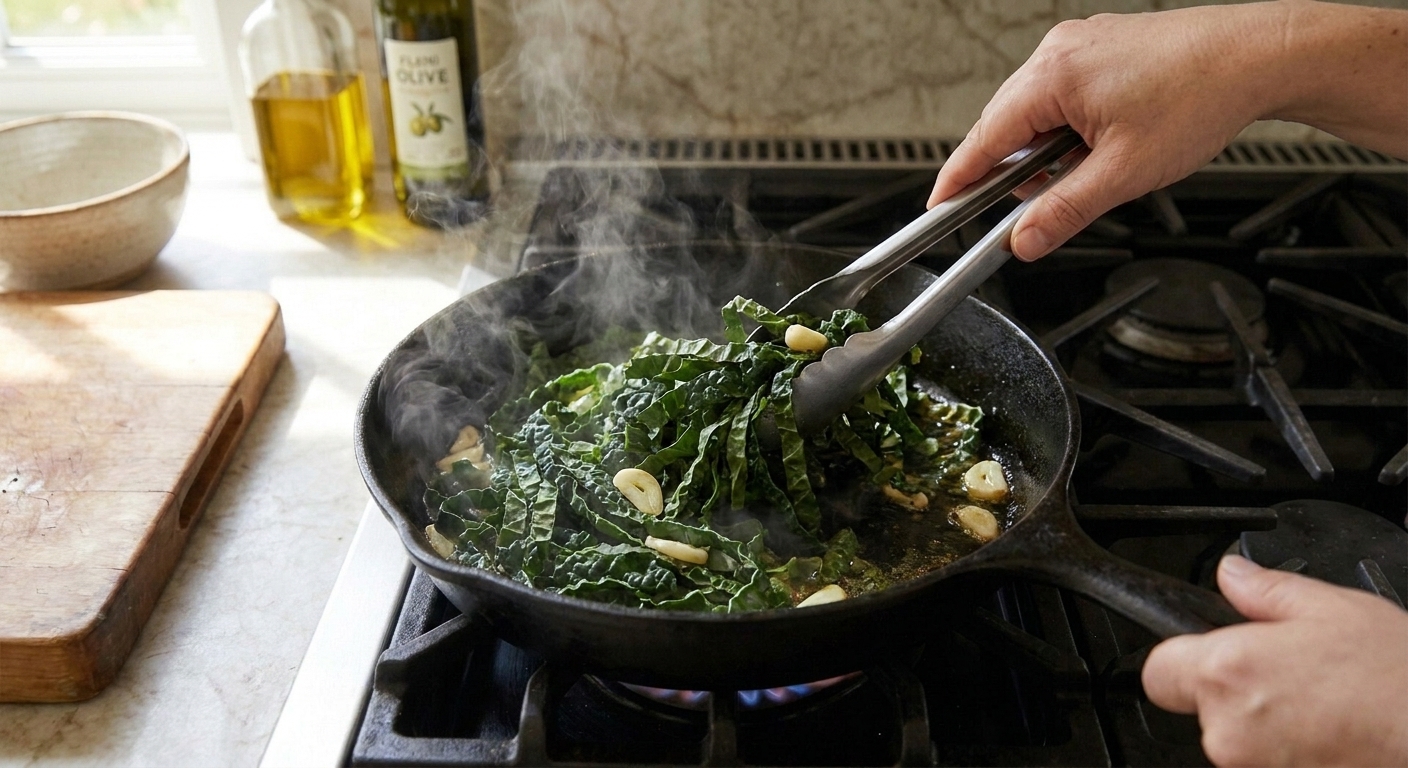 Kale ribbons being tossed with garlic in a large skillet using tongs, steam rising as the greens wilt