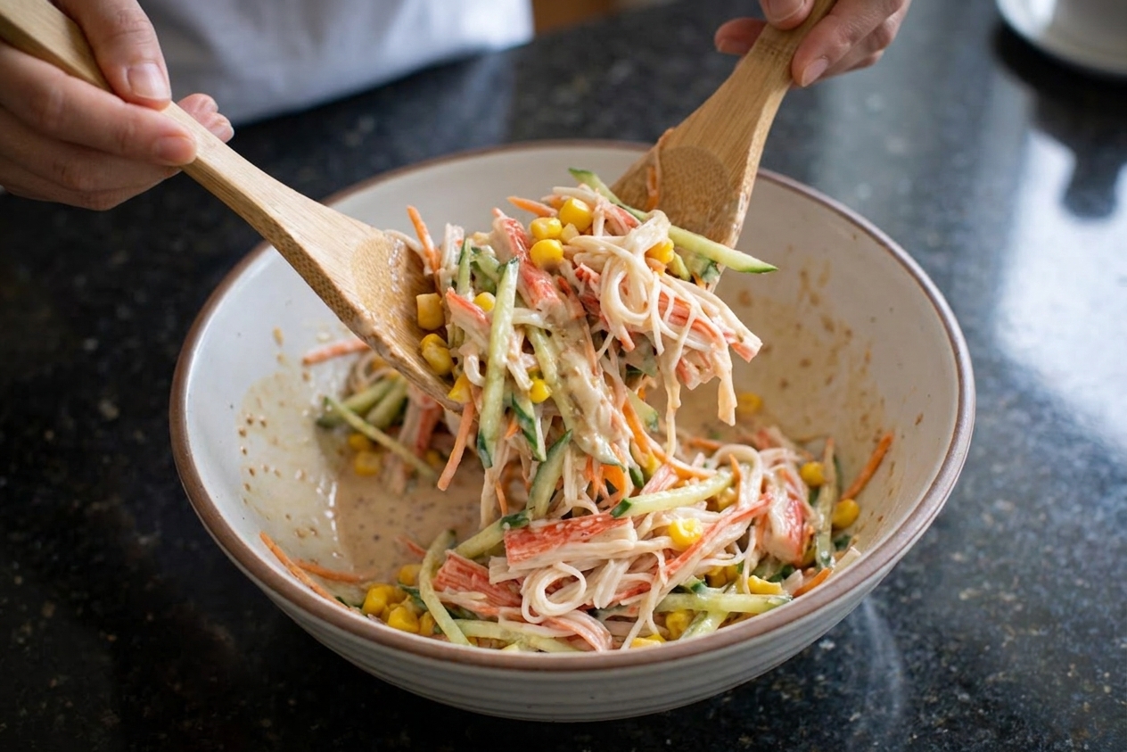 Kani salad being tossed in a mixing bowl with creamy sesame dressing