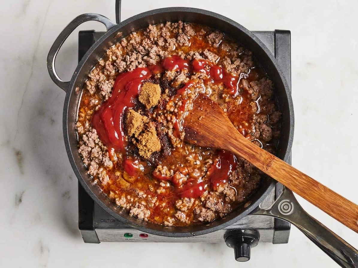Ketchup and brown sugar being stirred into browned ground beef in a skillet until the mixture turns glossy and red-brown