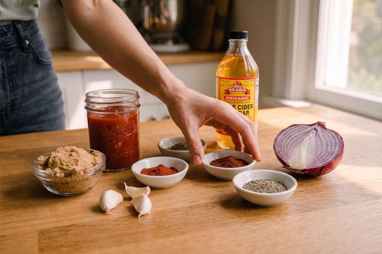 Ketchup, apple cider vinegar, brown sugar, spices, garlic, and onion arranged for homemade BBQ sauce on a bright kitchen counter