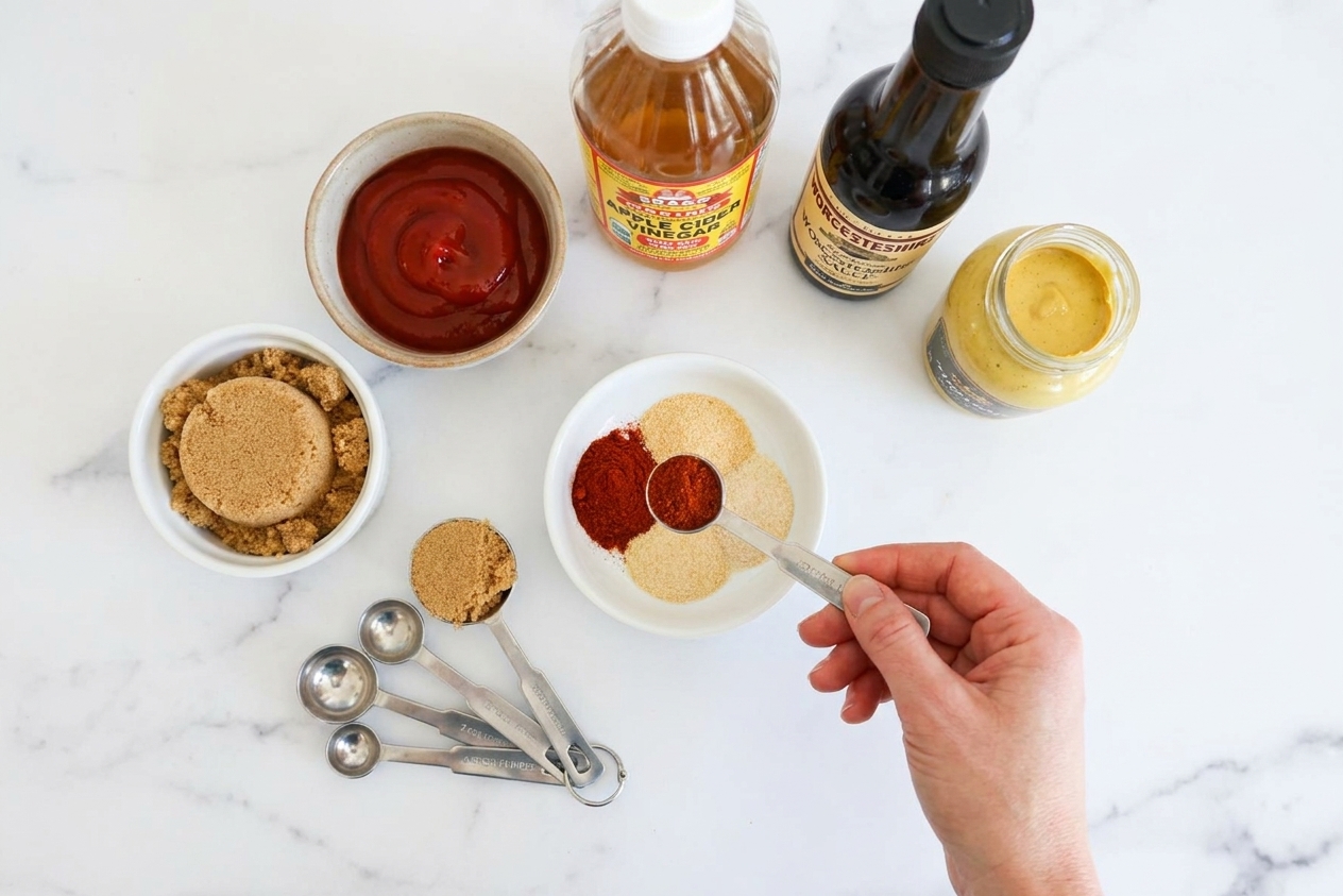 Ketchup, brown sugar, apple cider vinegar, Worcestershire sauce, mustard, and spices arranged on a kitchen counter with small measuring spoons