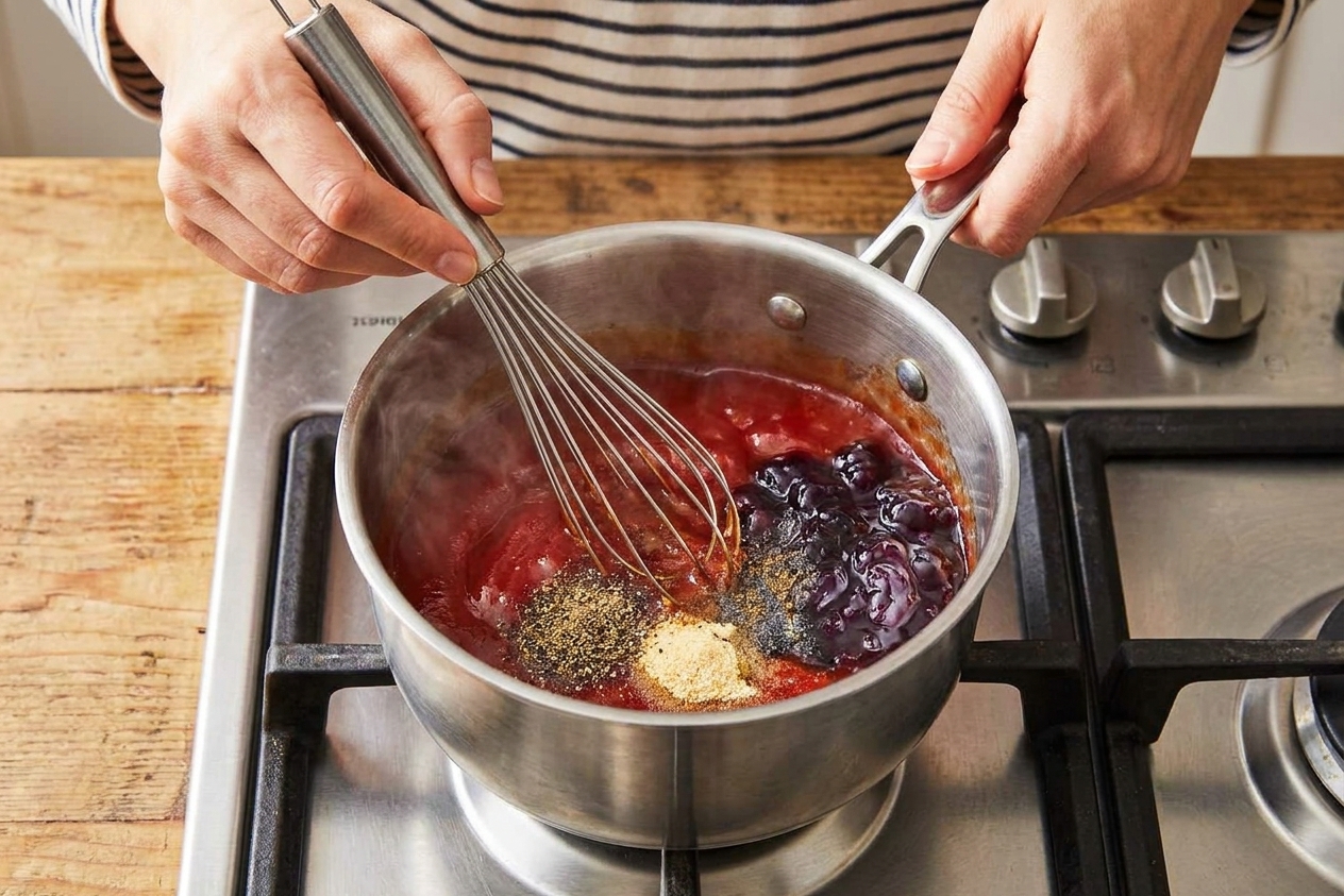 Ketchup, grape jelly, vinegar, and seasonings being whisked together in a small saucepan on a stovetop