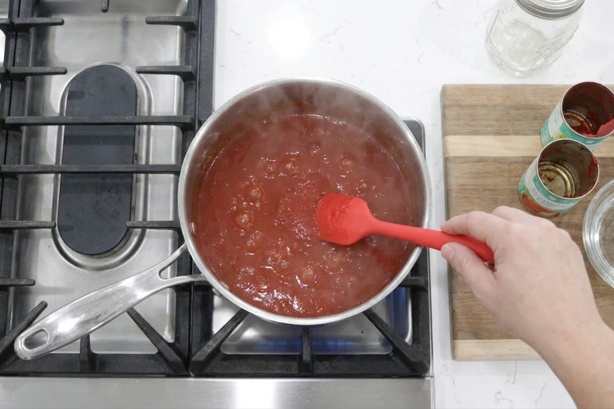 Ketchup mixture gently simmering in a saucepan on a home stove with small bubbles visible and a steady low heat