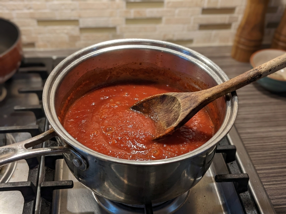 Ketchup mixture gently simmering in a small saucepan on a stovetop with a wooden spoon stirring