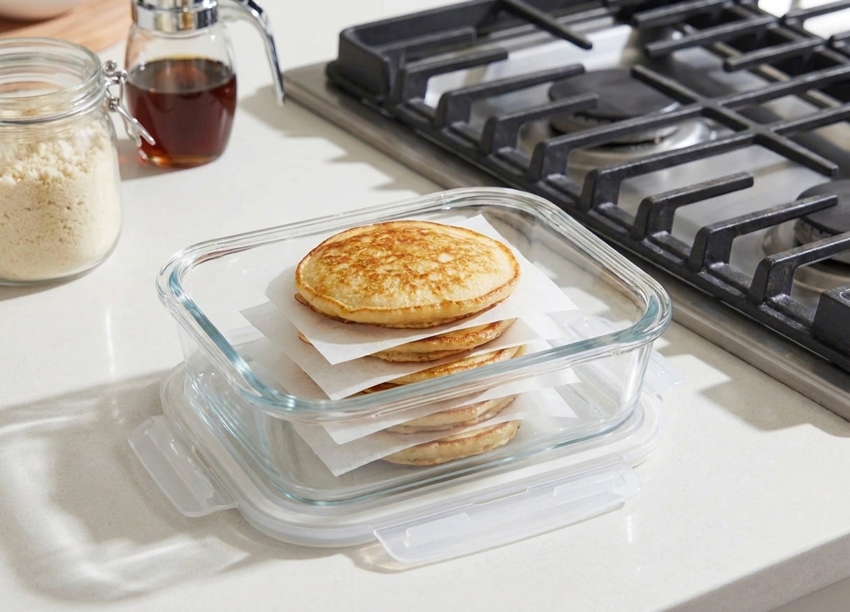 Keto pancakes stacked with parchment paper between layers inside a glass meal prep container on a kitchen counter