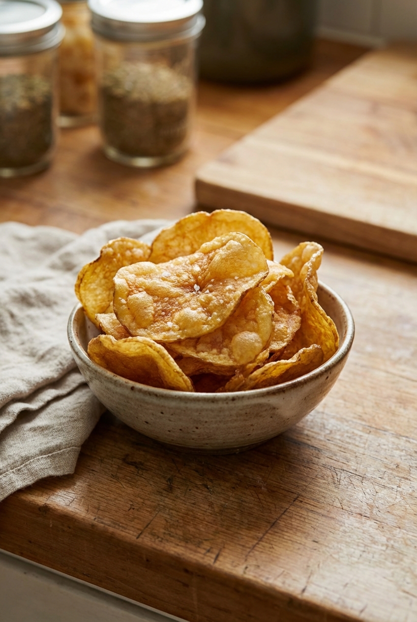 Kettle-cooked potato chips in a small bowl