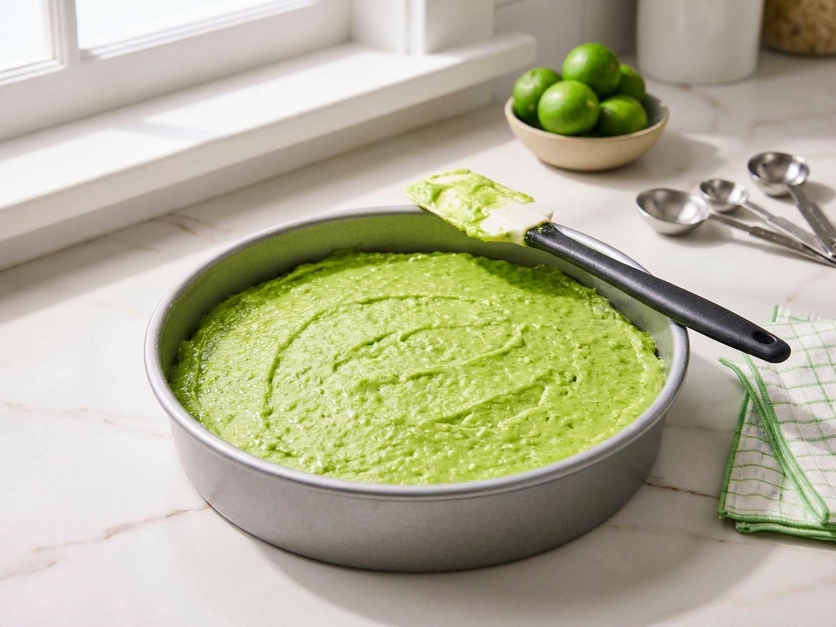 Key lime cake batter smoothed in a round cake pan on a kitchen counter before baking