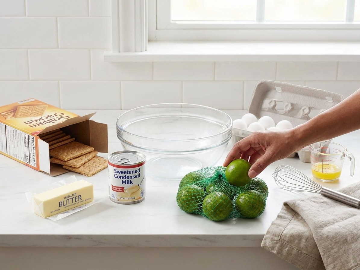 Key lime pie ingredients on a clean kitchen counter including graham crackers, butter, sweetened condensed milk, limes, eggs, and a mixing bowl
