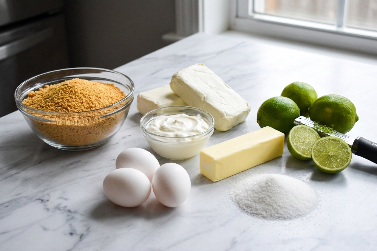 Key limes, graham cracker crumbs, blocks of cream cheese, sour cream, eggs, butter, and sugar arranged on a kitchen counter