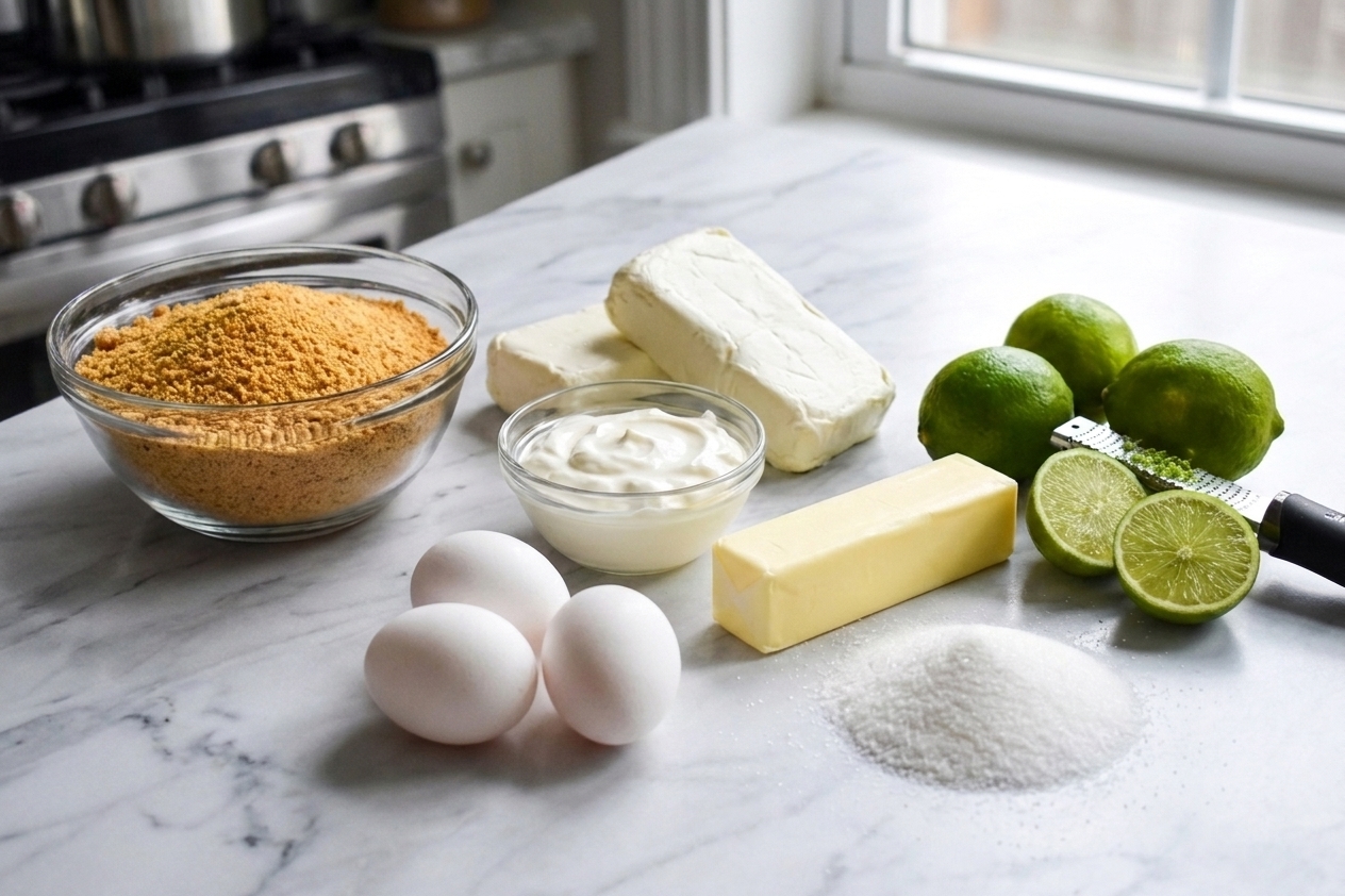 Key limes, graham crackers, cream cheese, sour cream, eggs, butter, and sugar arranged on a kitchen counter ready for baking