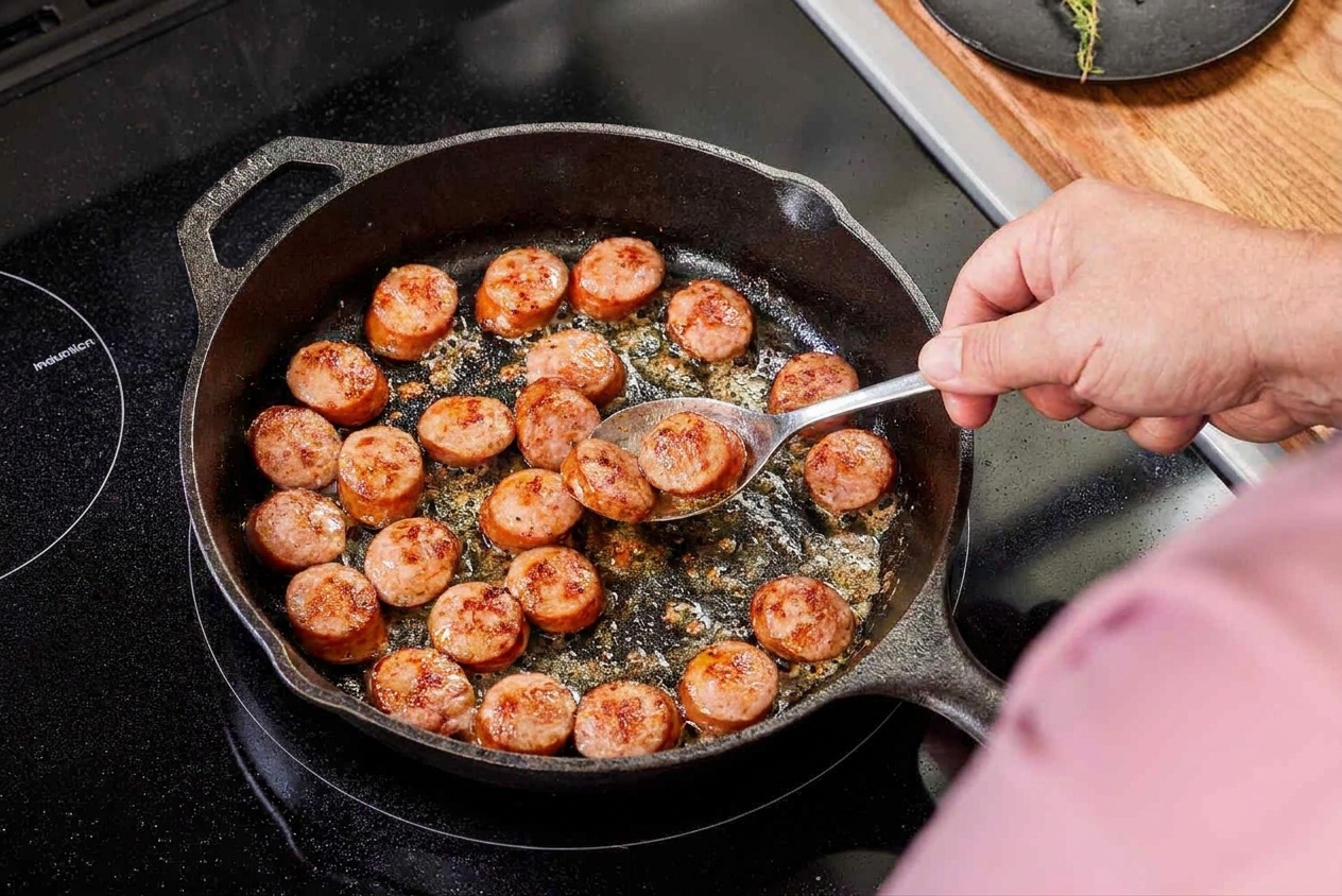 Kielbasa coins browning in a hot skillet with visible golden edges and light sizzling oil