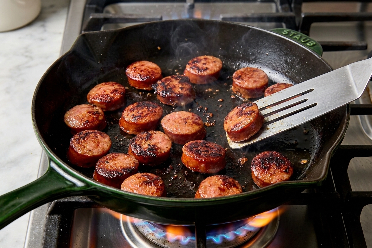 Kielbasa rounds sizzling and browning in a cast iron skillet on a stovetop with visible caramelized edges
