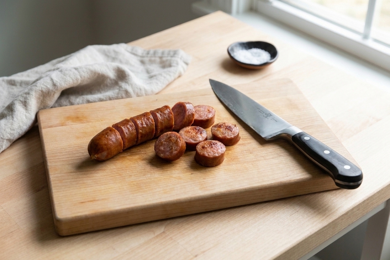 Kielbasa sausage sliced into thick rounds on a wooden cutting board with a chef’s knife nearby