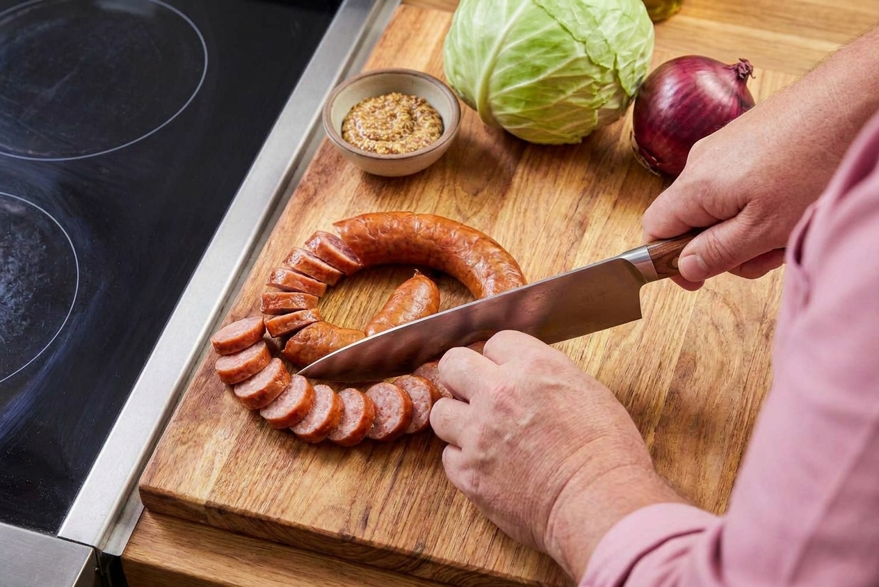 Kielbasa sliced into thick coins on a wooden cutting board next to a chef’s knife, with a cabbage and onion in the background