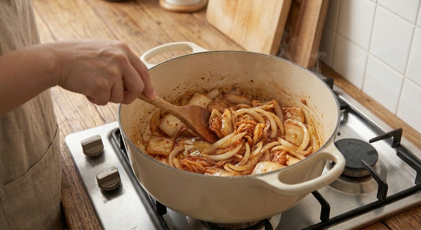 Kimchi and sliced onions being sautéed in a pot on the stove until glossy and slightly caramelized