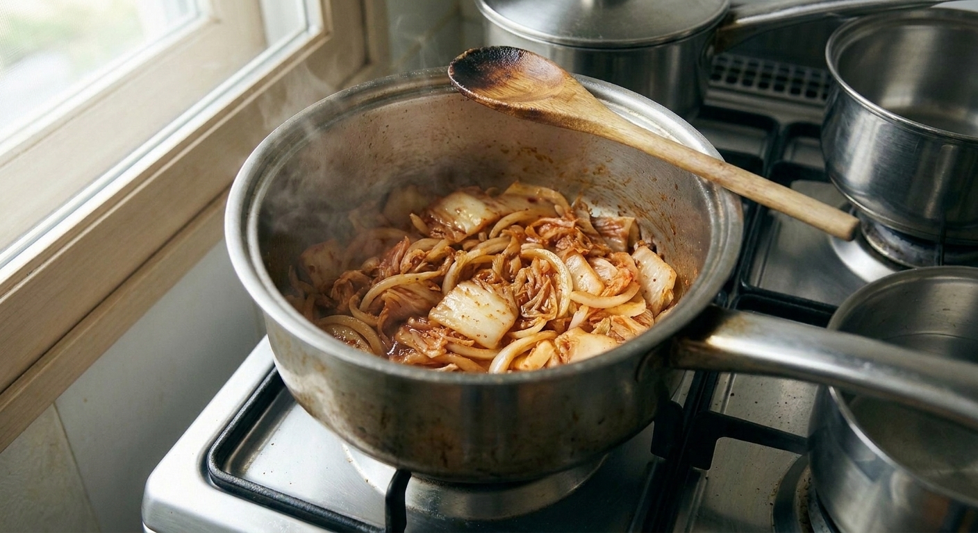 Kimchi and sliced onions sautéing in a pot with steam rising on a kitchen stove