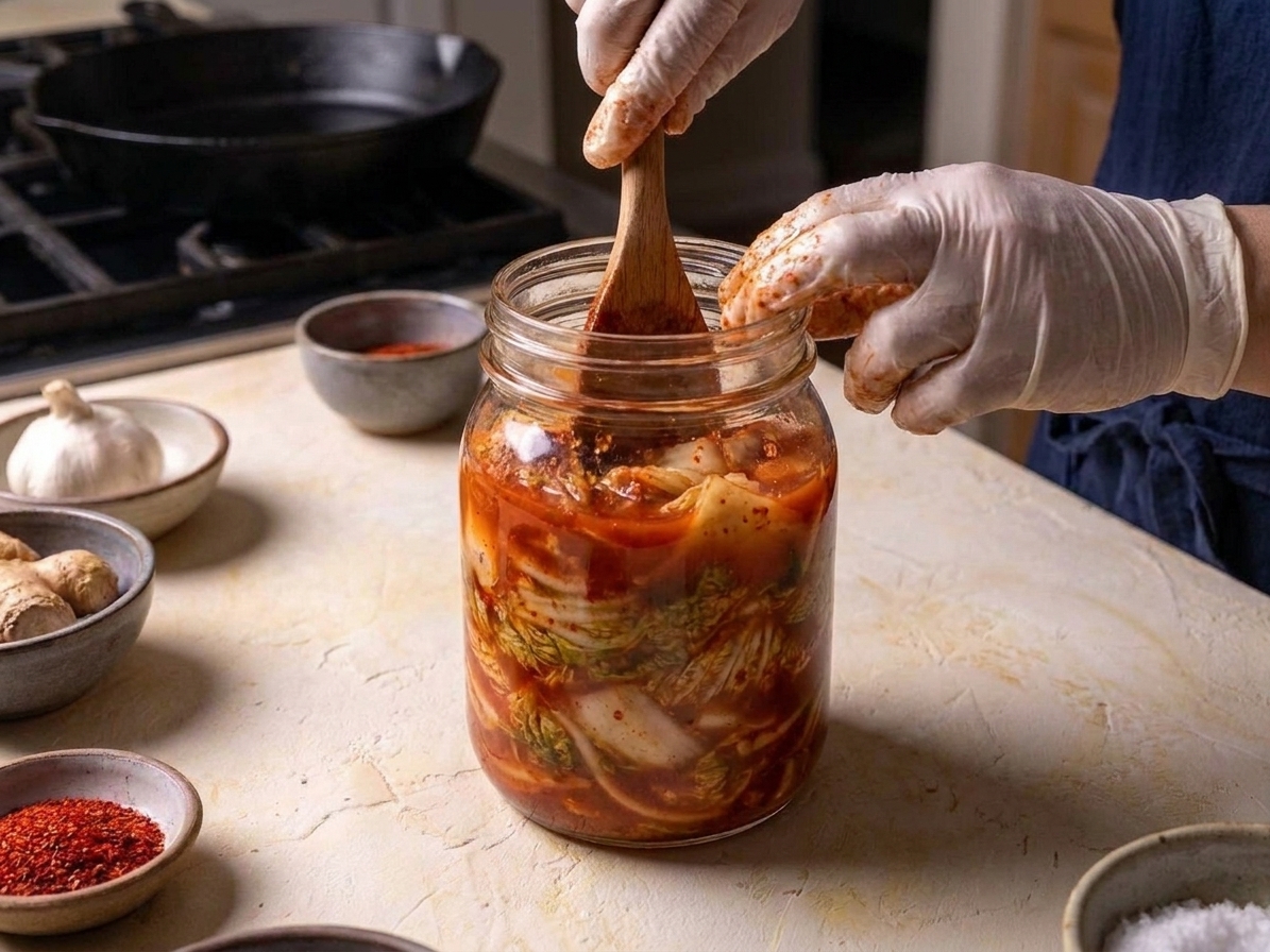 Kimchi being packed into a wide-mouth-glass-jar with a spoon, with red juices pooling as it is pressed down