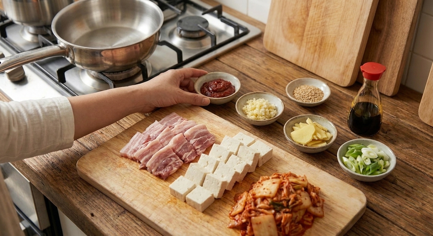 Kimchi, gochujang, garlic, ginger, tofu, scallions, and pork belly arranged on a kitchen counter with small bowls of seasonings