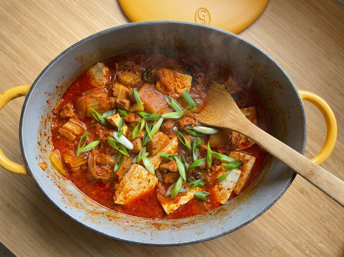Kimchi stew gently simmering in a Dutch oven with small bubbles and steam rising