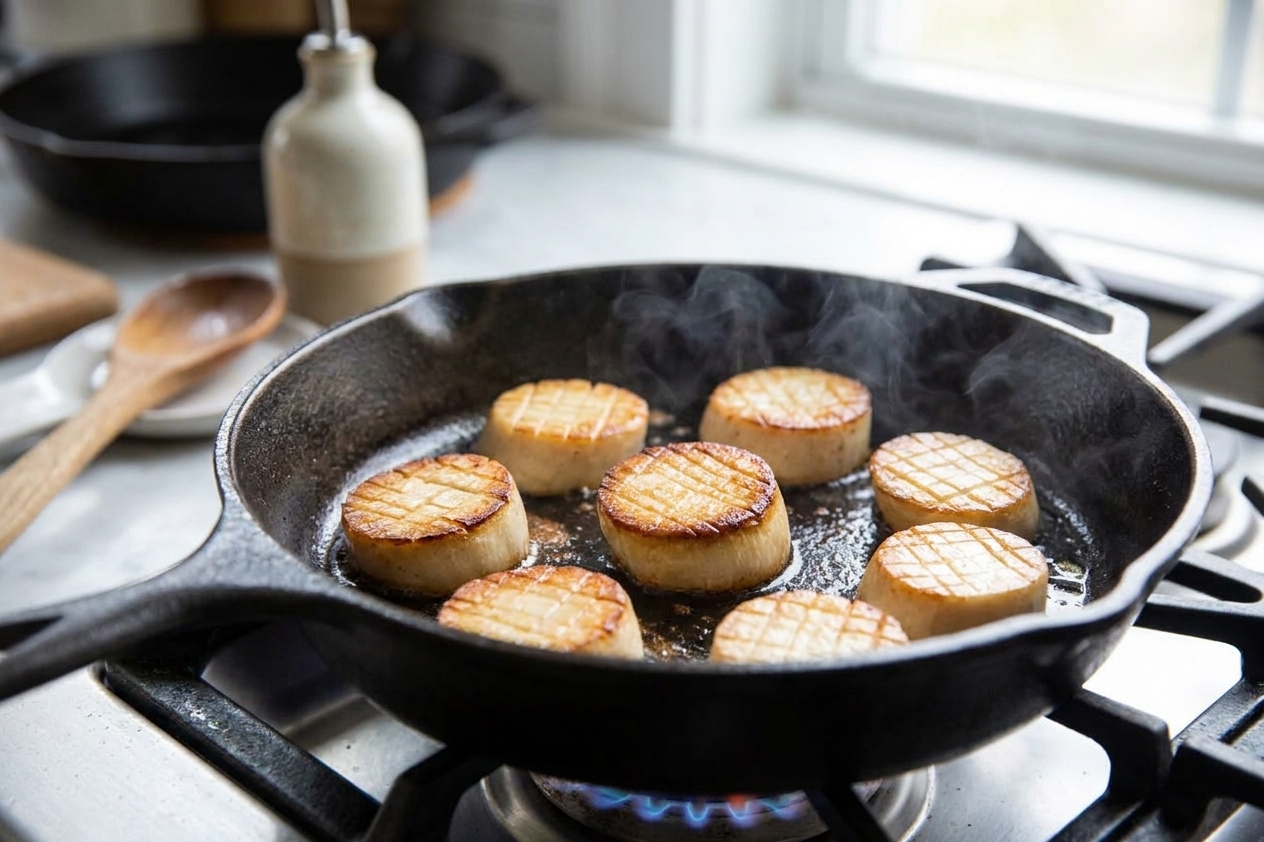 King oyster mushroom rounds browning in a cast iron skillet on a stovetop, with crisp golden edges forming and light steam rising