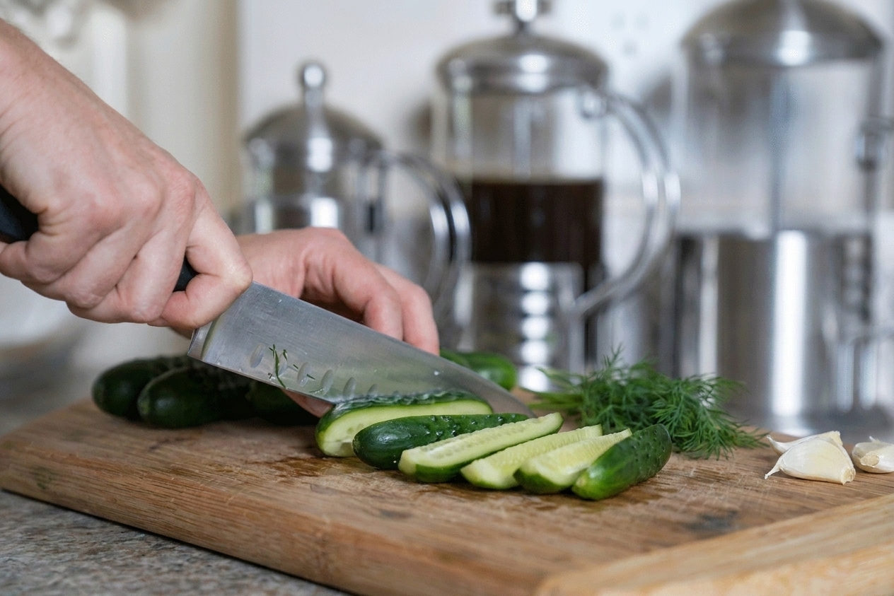 Kirby cucumbers being sliced into spears on a wooden cutting board with a chef's knife