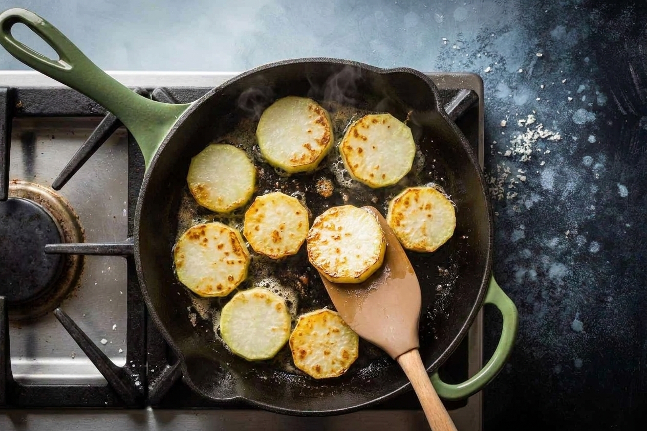 Kohlrabi coins sizzling and browning in a cast iron skillet on a stovetop, with visible golden edges