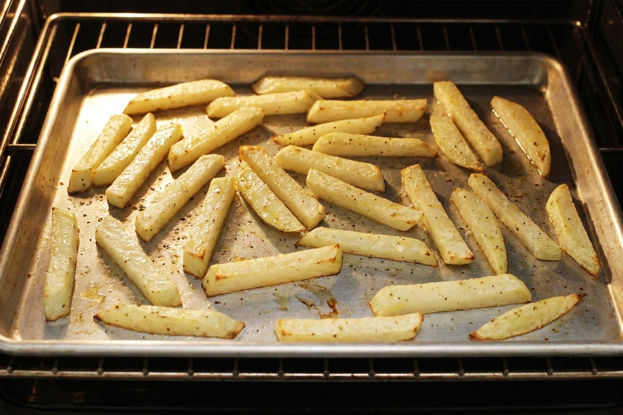Kohlrabi fries spread on a sheet pan halfway through roasting in an oven, with lightly browned edges starting to form
