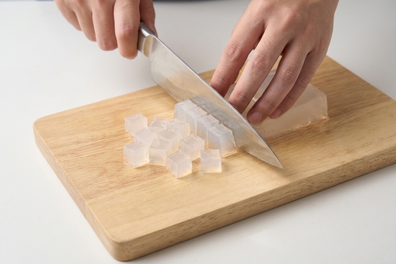 Konjac jelly being cut into small cubes on a cutting board with a chef's knife on a kitchen counter